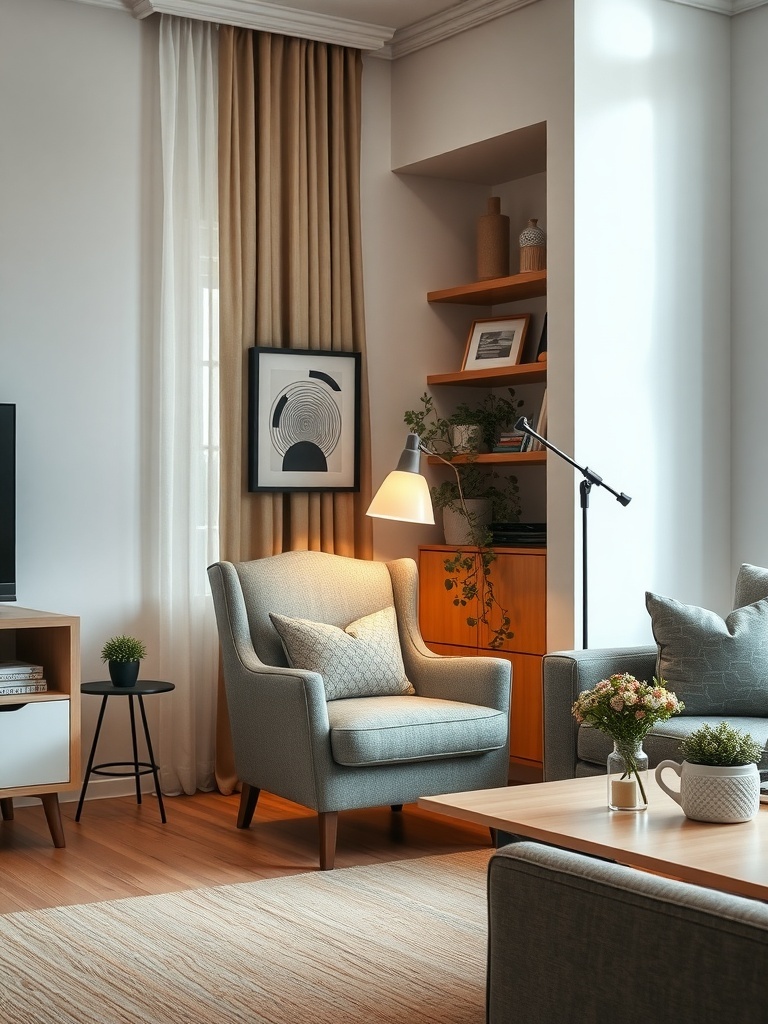 A cozy accent chair with storage in a small living room setting