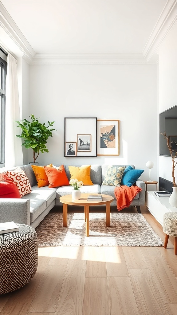A cozy small living room with colorful pillows, a coffee table, and a plant.