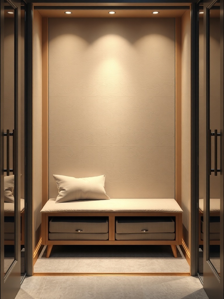 A small, modern bench with a cushion and storage drawers in a well-lit closet.