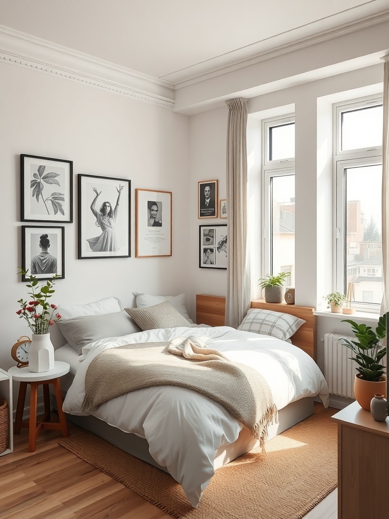 A cozy small bedroom featuring framed artwork on the walls, a comfortable bed, and plants.