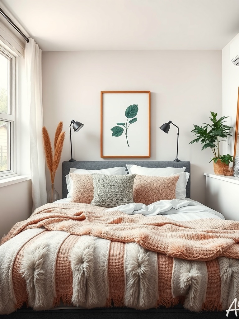 A cozy bedroom with soft textiles including a fluffy blanket and decorative pillows.
