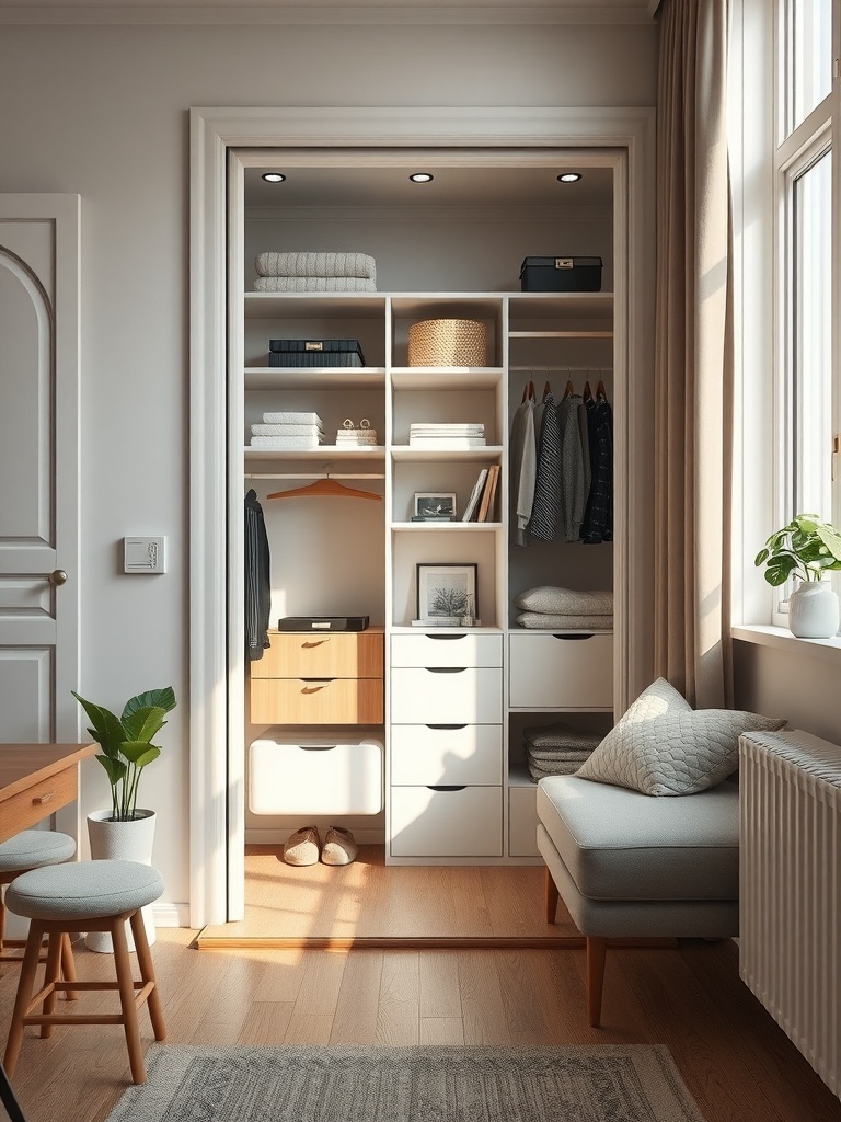 A well-organized closet with adjustable shelving, showcasing neatly folded towels, clothes, and storage boxes.