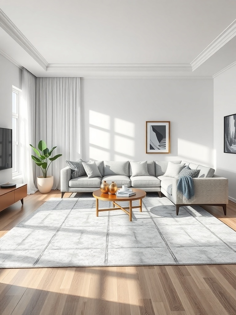 A modern living room featuring a large area rug, a sectional sofa, and a coffee table.