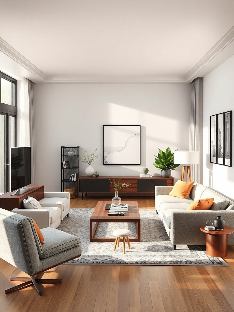 A cozy living room with a sofa, chairs, and a coffee table, featuring large windows and plants.