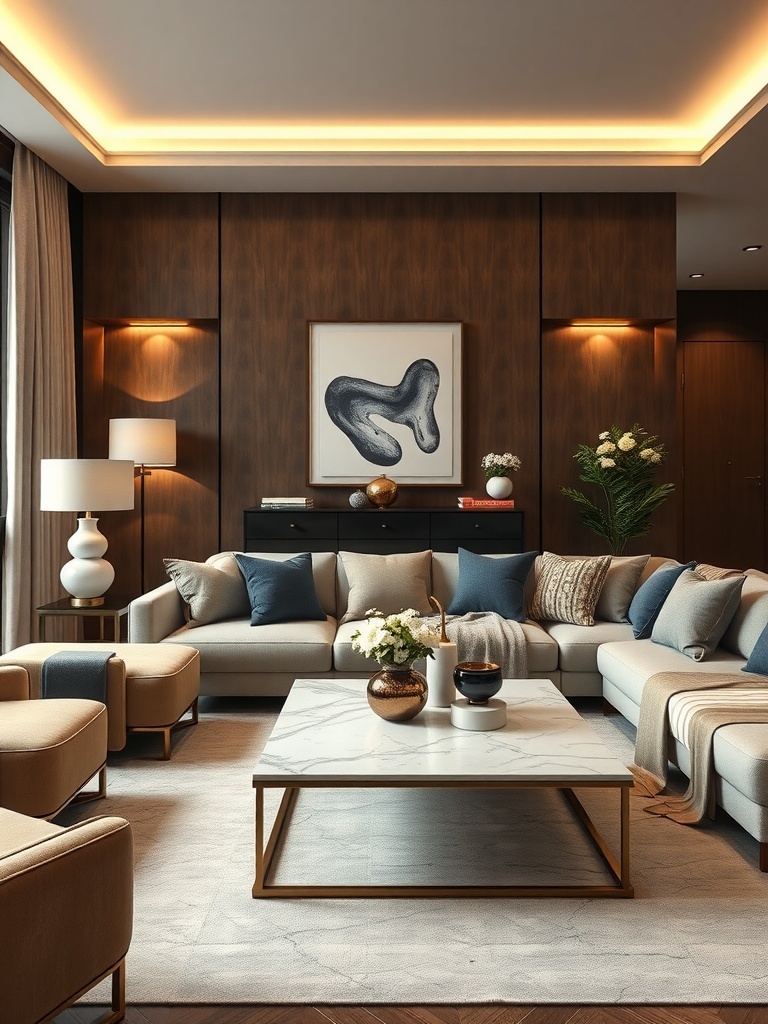 A luxurious living room with a plush sofa, elegant coffee table, and modern wall art.