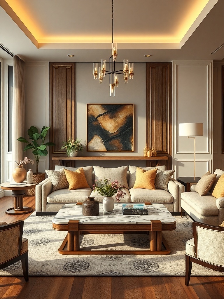 A luxurious living room featuring artisan craftsmanship with elegant furniture, warm wooden accents, and stylish decor.