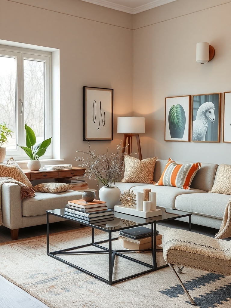 A stylish living room with a coffee table displaying stacked books and decorative items.