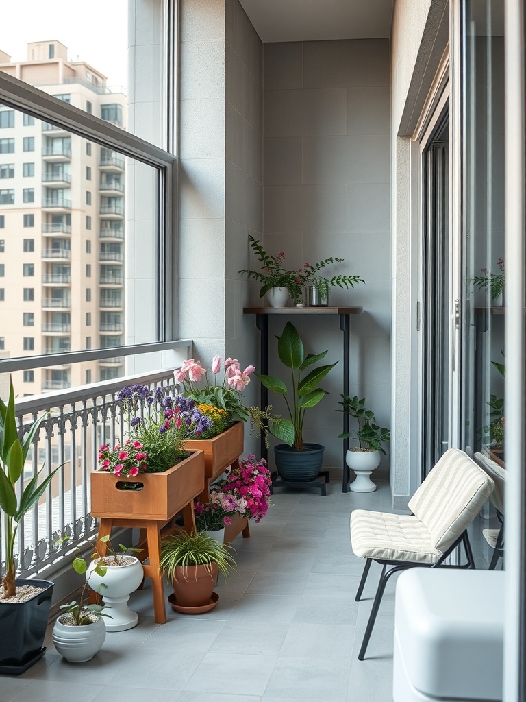 A small balcony with artistic planter boxes filled with colorful flowers and plants.