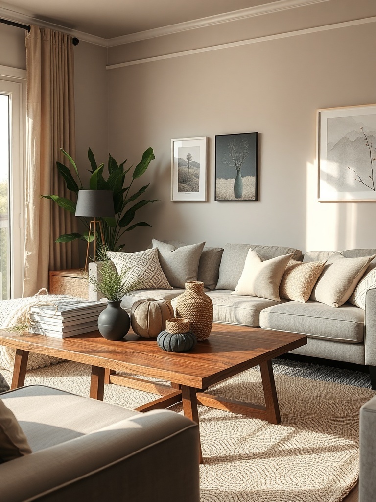 A cozy living room with a wooden coffee table styled with handmade vases and books.