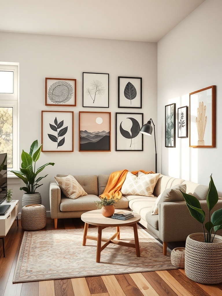 Cozy condo living room with artistic wall decor featuring framed botanical and abstract art, complemented by indoor plants and a comfortable sofa.