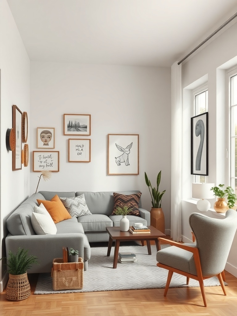 A cozy small living room featuring artistic wall decor with framed artworks and a comfortable sofa.
