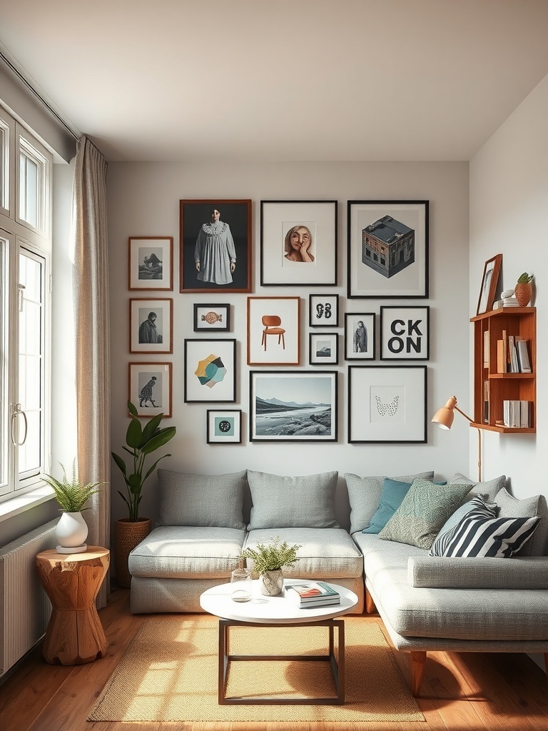 A cozy living room with a gallery wall featuring various framed artworks.
