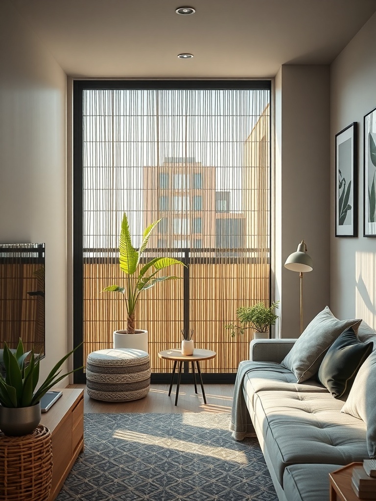 A cozy balcony with a bamboo privacy screen, plants, and a comfortable seating area.
