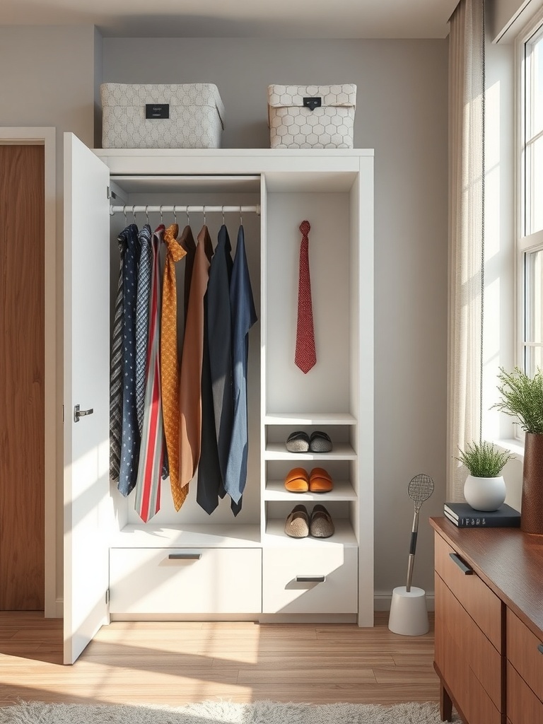 A neatly organized closet with belts and ties hanging on racks, showcasing a tidy and efficient storage solution.
