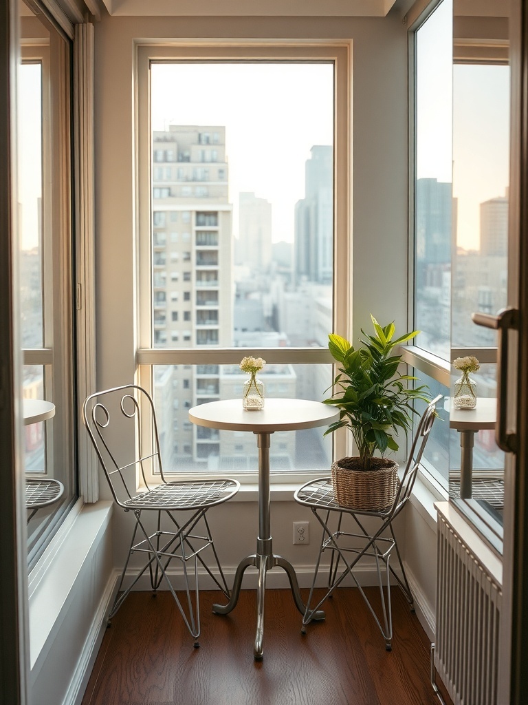 A small bistro table with two chairs on a balcony, featuring a plant and a city view.