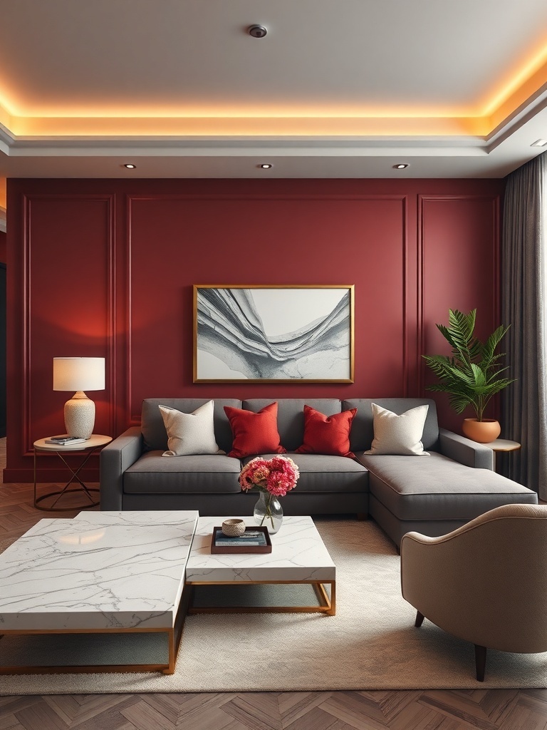 A stylish living room featuring a bold red accent wall, gray sofa with red cushions, and a marble coffee table.