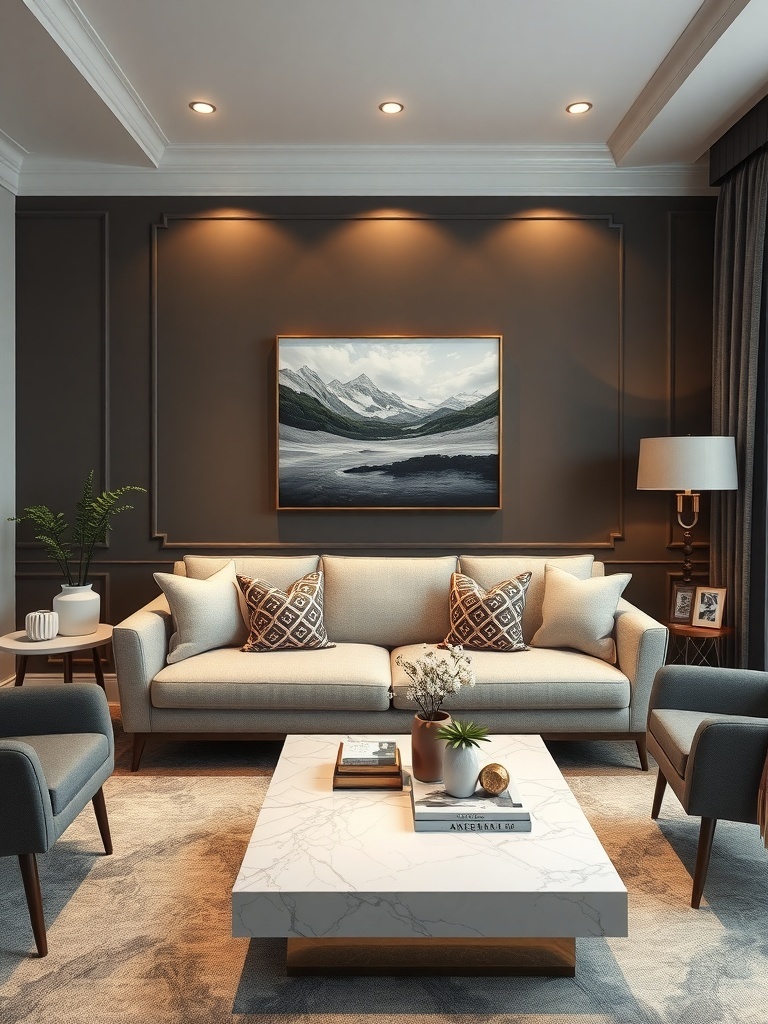 A cozy living room featuring a dark accent wall, stylish furniture, and soft lighting.