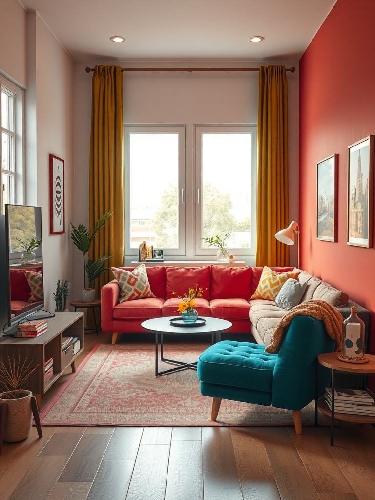A cozy living room featuring a bright red sofa, teal chair, and yellow curtains, showcasing a modern decor style.
