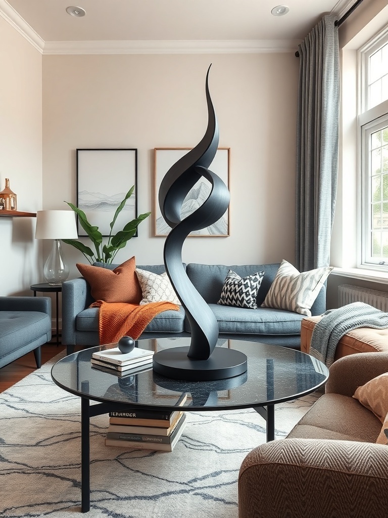 A modern black sculpture on a coffee table in a small living room with cozy seating and warm colors.