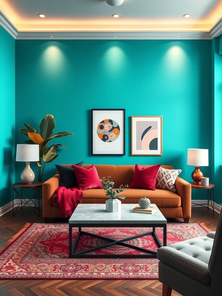 A small living room with bright turquoise walls, an orange sofa, red pillows, and modern decor.