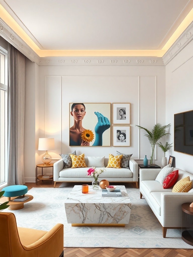 A bright white living room with colorful accents, featuring vibrant cushions, artwork, and a marble coffee table.