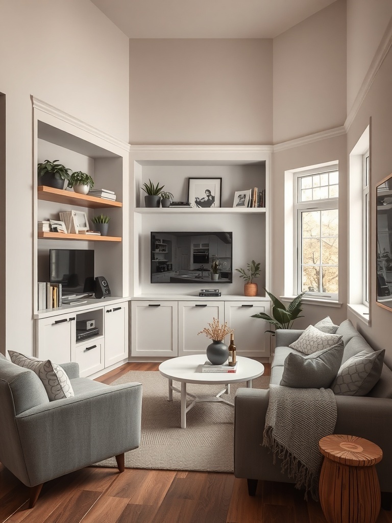 A small condo living room featuring built-in furniture, including shelves and a TV unit, with a cozy seating arrangement.