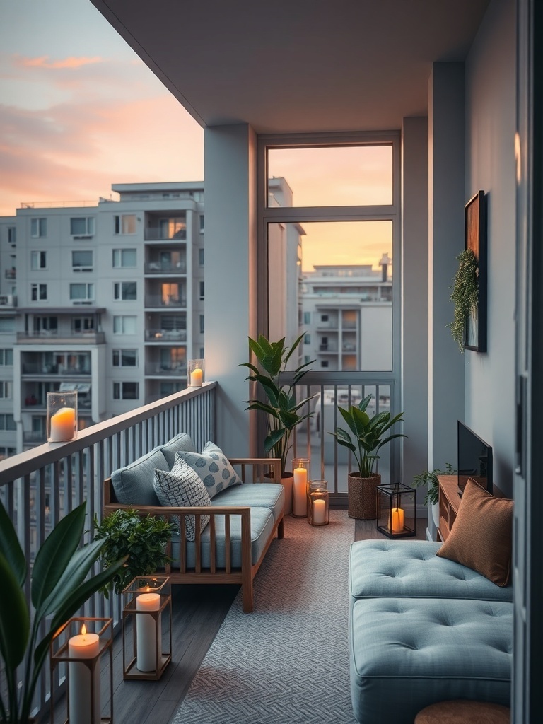 A cozy small balcony decorated with candle lanterns and plants, showcasing a warm and inviting atmosphere.