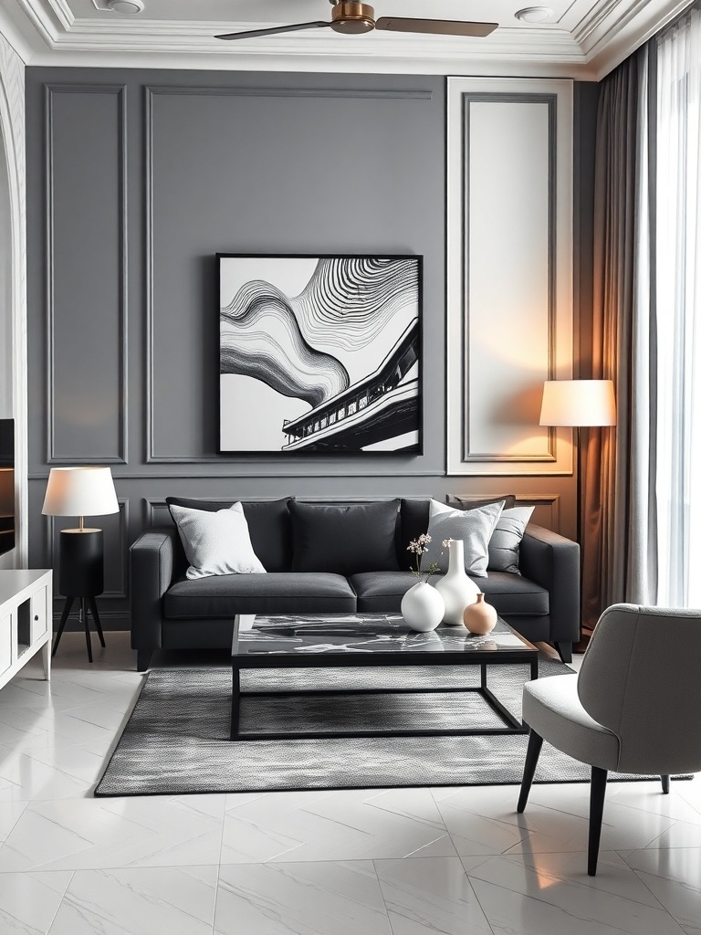 A stylish black and white living room featuring a dark sofa, light walls, and modern decor.