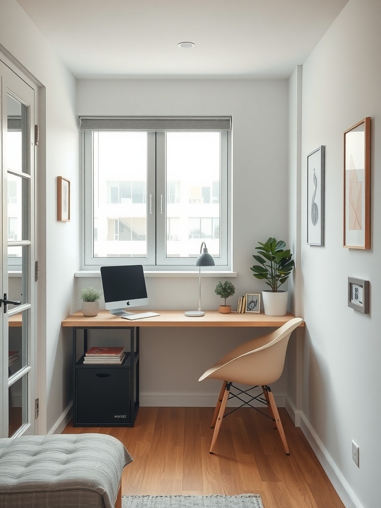 A chic floating desk setup in a small apartment with a computer, lamp, and plants.