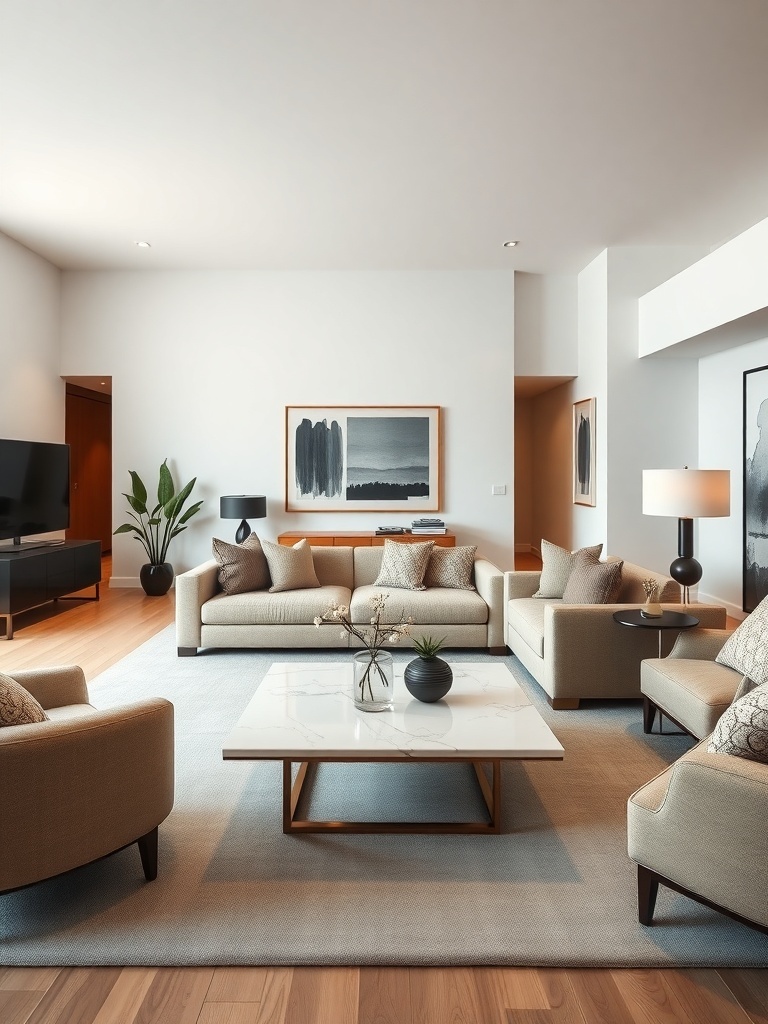 A chic minimalist living room featuring beige sofas, a marble coffee table, and black and white artwork.