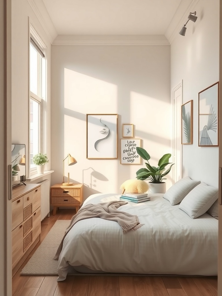 Cozy small bedroom with light color palette and natural textures.