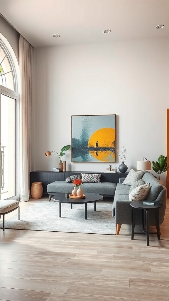A stylish small living room featuring a statement artwork above a modern sofa.