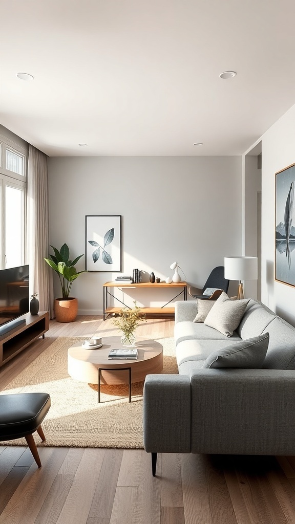 A modern small living room with sleek furniture and natural light.