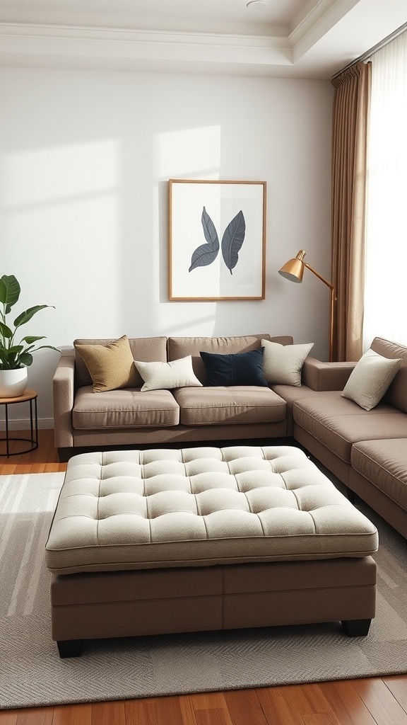 Cozy small living room with sectional sofa and multi-functional ottoman