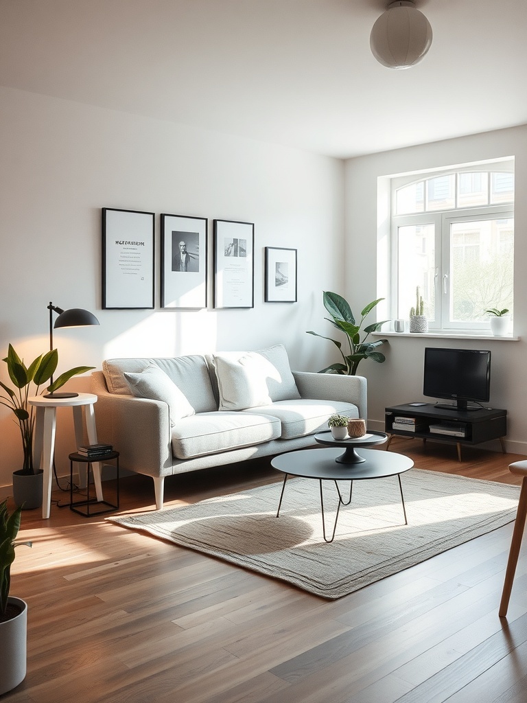A small living room featuring a sleek low-profile sofa, round coffee table, and plants.
