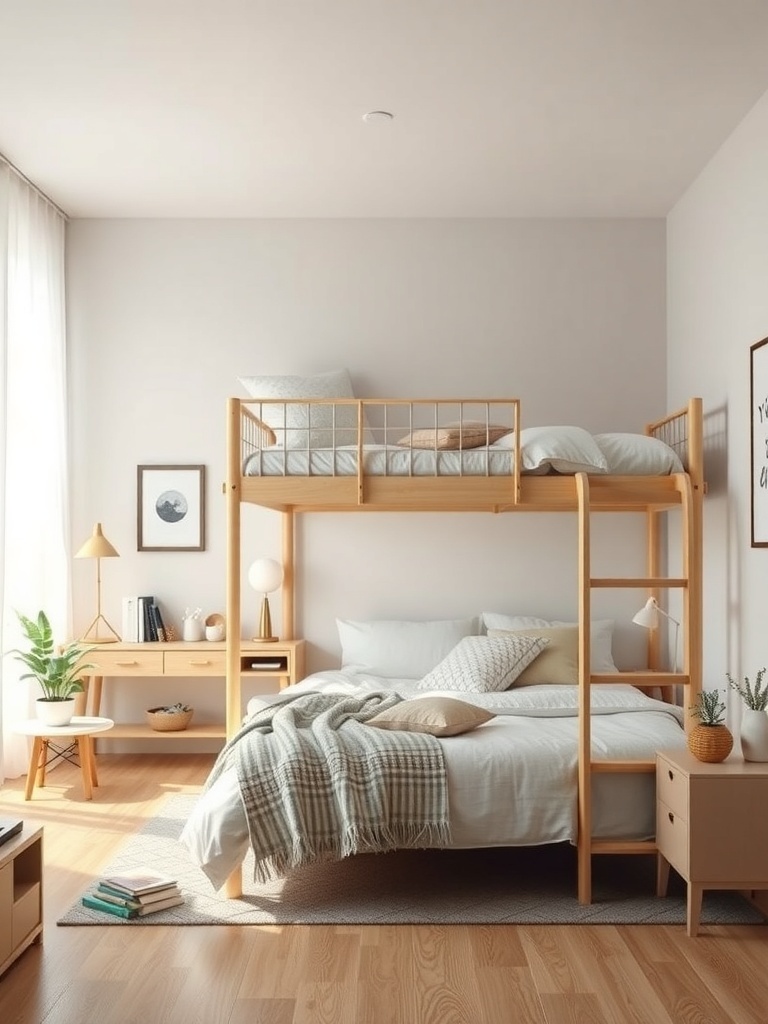 A small apartment bedroom featuring a lofted bed design with a cozy sleeping area underneath, a desk, and warm decor.