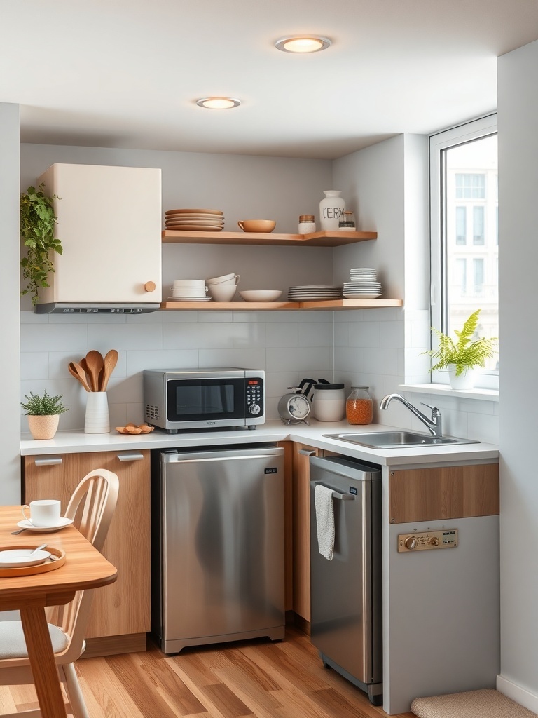 A small apartment kitchen featuring compact appliances and a cozy dining area.