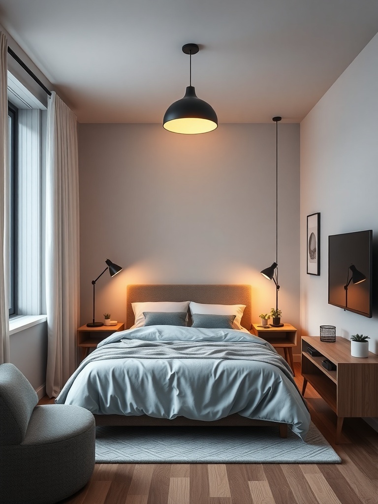 A small bedroom featuring a modern pendant light and table lamps, creating a cozy atmosphere.