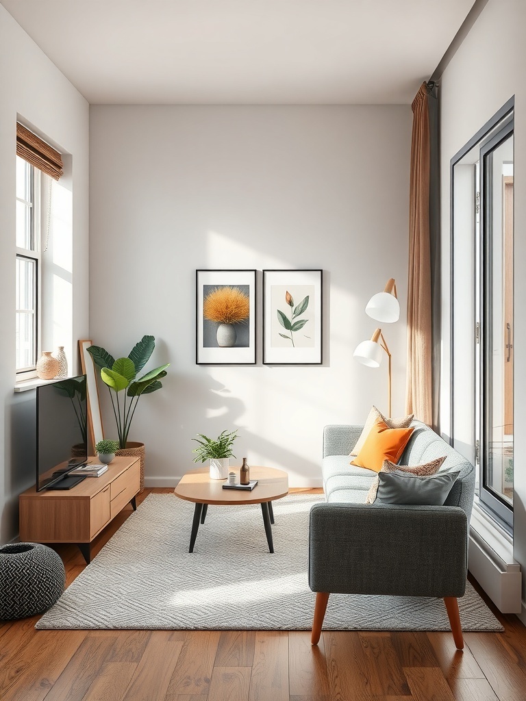 A cozy small living room with a light gray sofa, a wooden coffee table, and decorative plants.