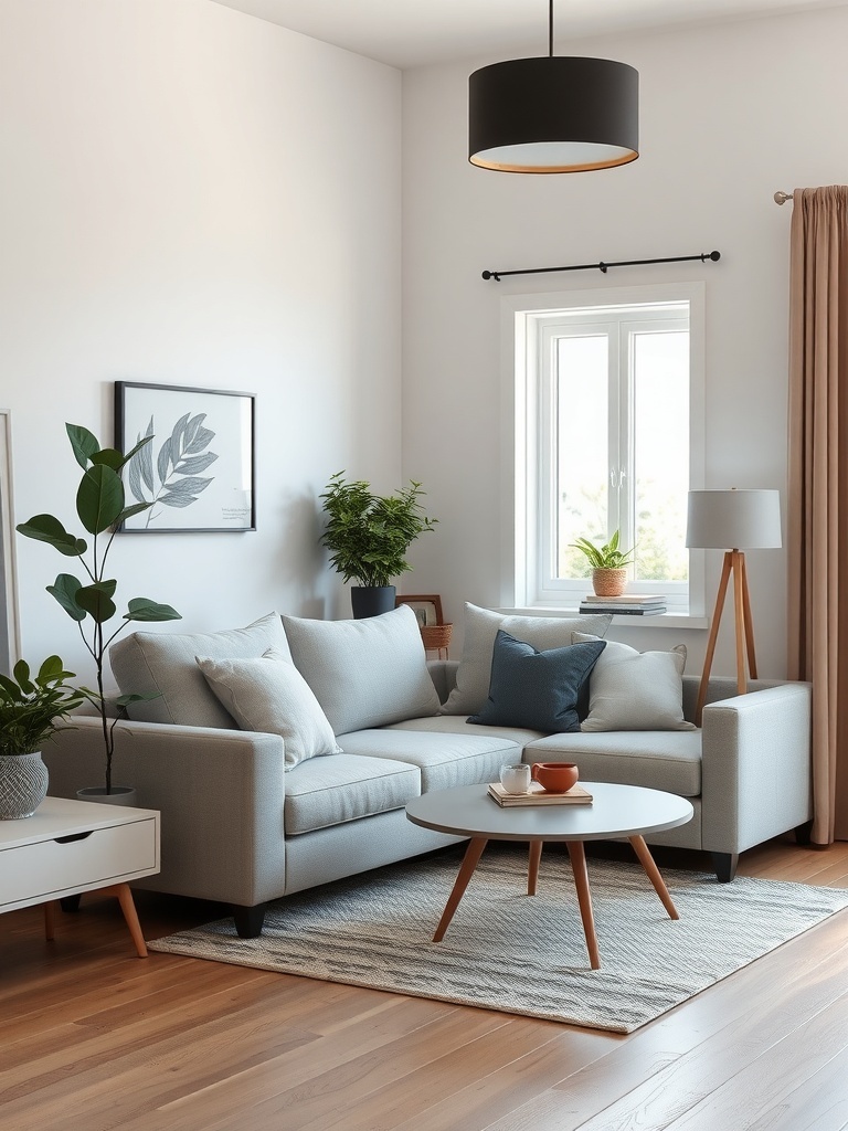 A small living room featuring a light gray sofa, a round coffee table, and plants by the window.