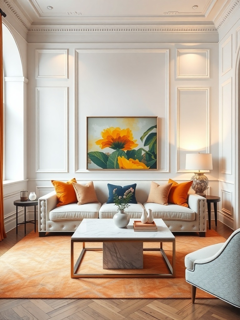 A small living room with classic white walls, a light sofa, colorful cushions, and a vibrant painting.