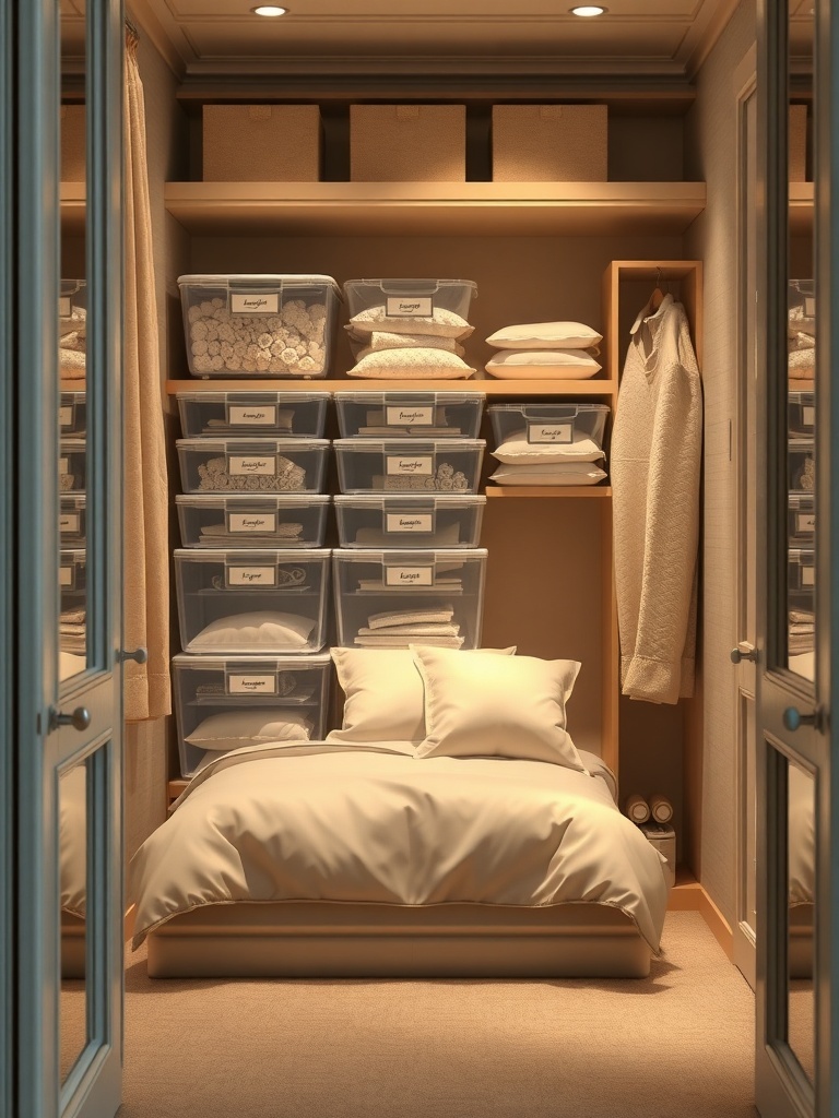 Organized closet with clear storage bins and labeled items
