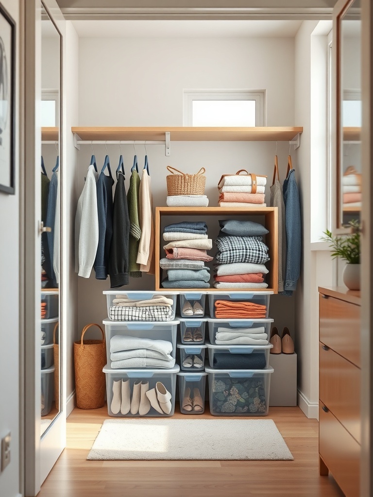 A neatly organized closet featuring clear storage bins filled with clothes and shoes.
