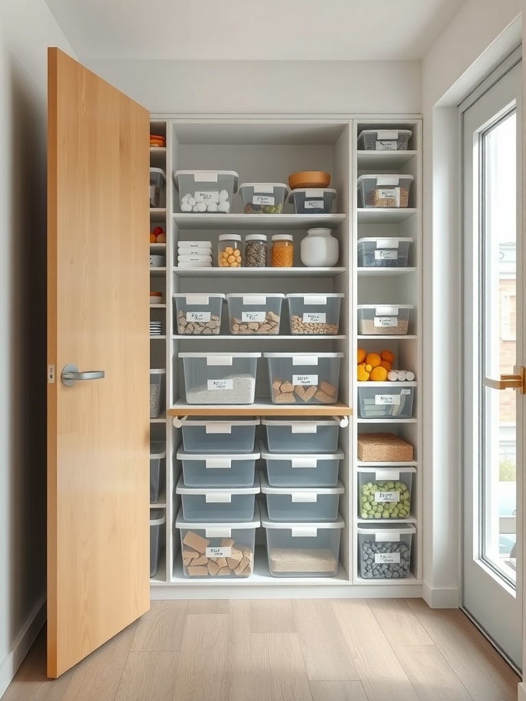 Organized kitchen storage with clear bins on shelves