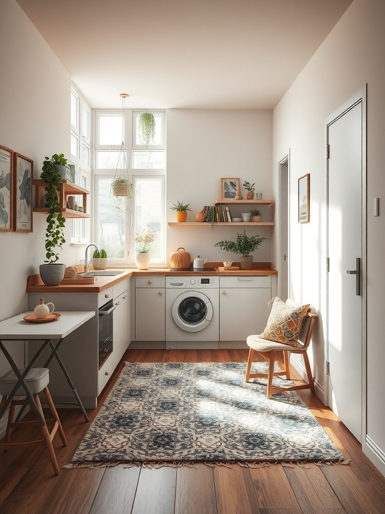 A small kitchen featuring a decorative rug, plants, and natural light.