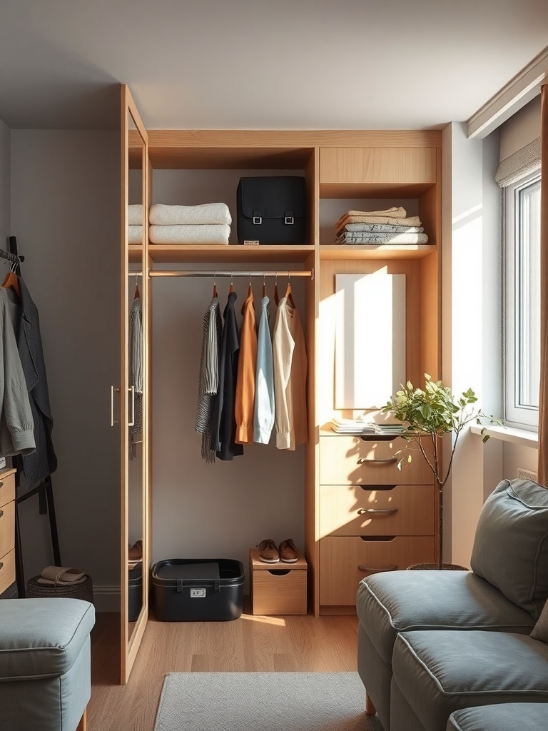 A well-organized closet featuring a clothing rod with various garments hanging, showcasing a tidy and efficient storage solution.