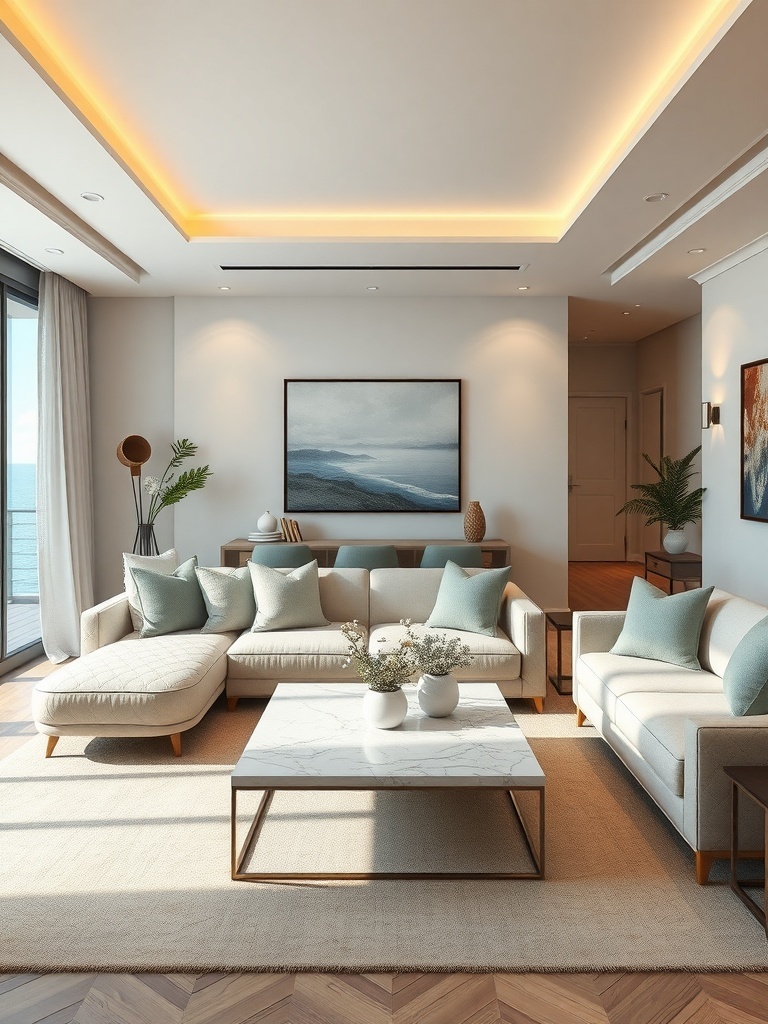 A modern coastal-inspired living room with light colors, large windows, and elegant furniture.