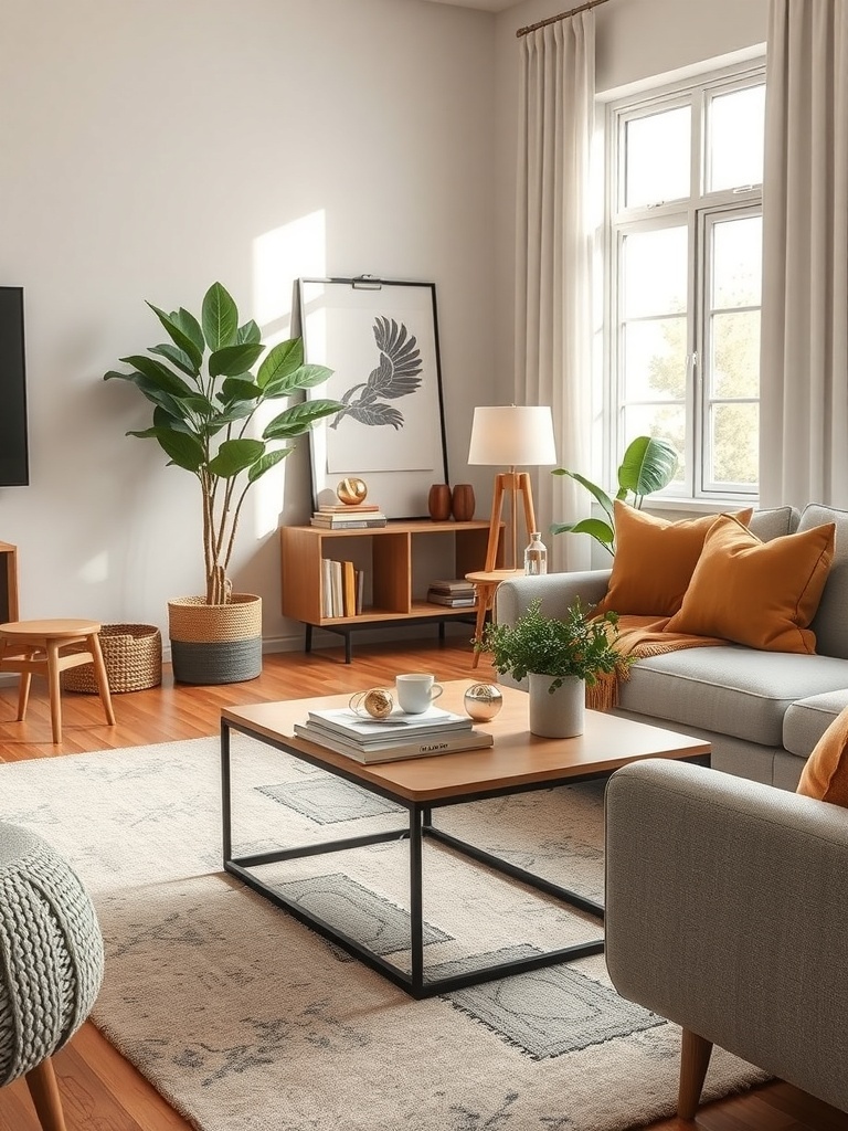 A cozy small living room with a modern coffee table, warm cushions, and a green plant.