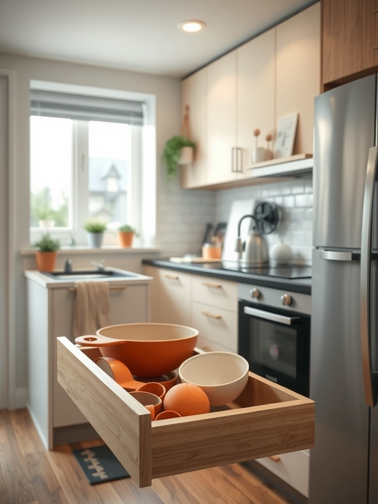 A modern kitchen with a drawer containing various collapsible kitchen items.