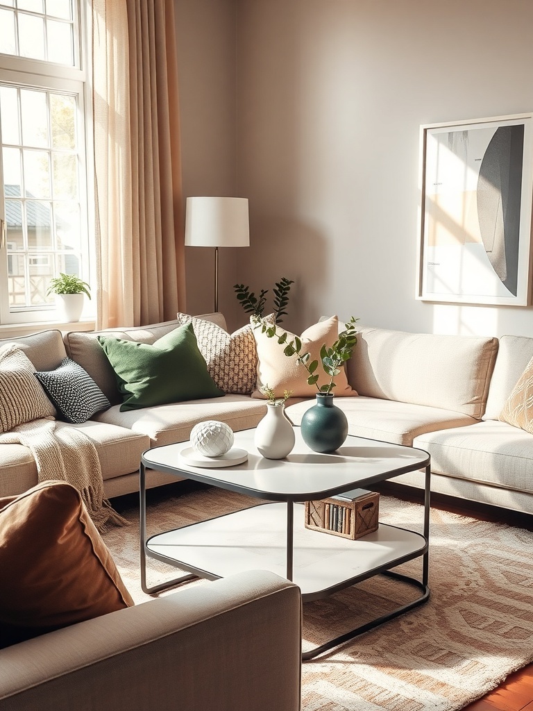A cozy living room with a light-colored coffee table, soft sofa, and coordinated accessories.